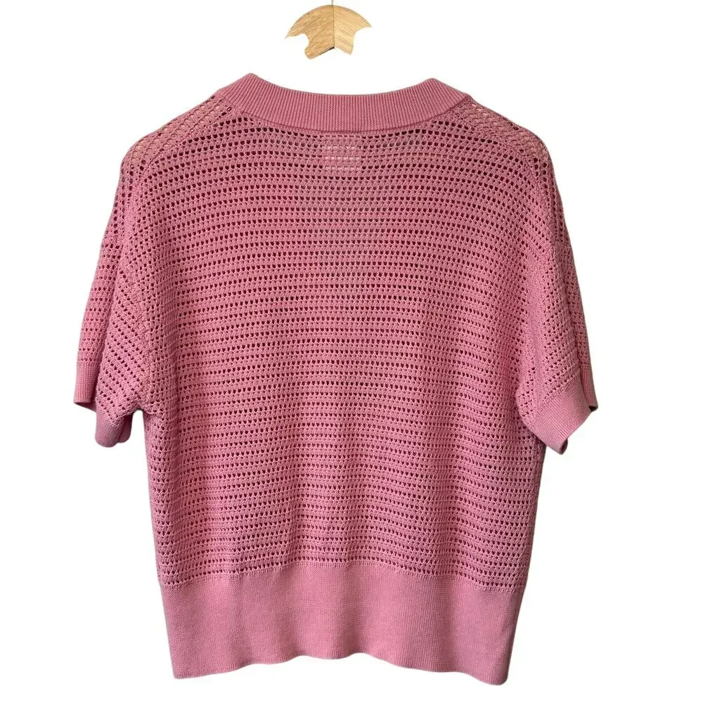 Varley Callie Open-Knit Cotton Top Short Sleeve Button Summer Pink Women’s Small - Picture 2 of 10